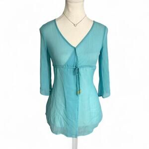 Jessica Simpson blue sheer tropical summer Y2K boho fairy  blouse tie Size M
